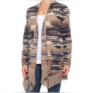 Lucky Brand Aztec Boho Open Front Fringe Cardigan | Large